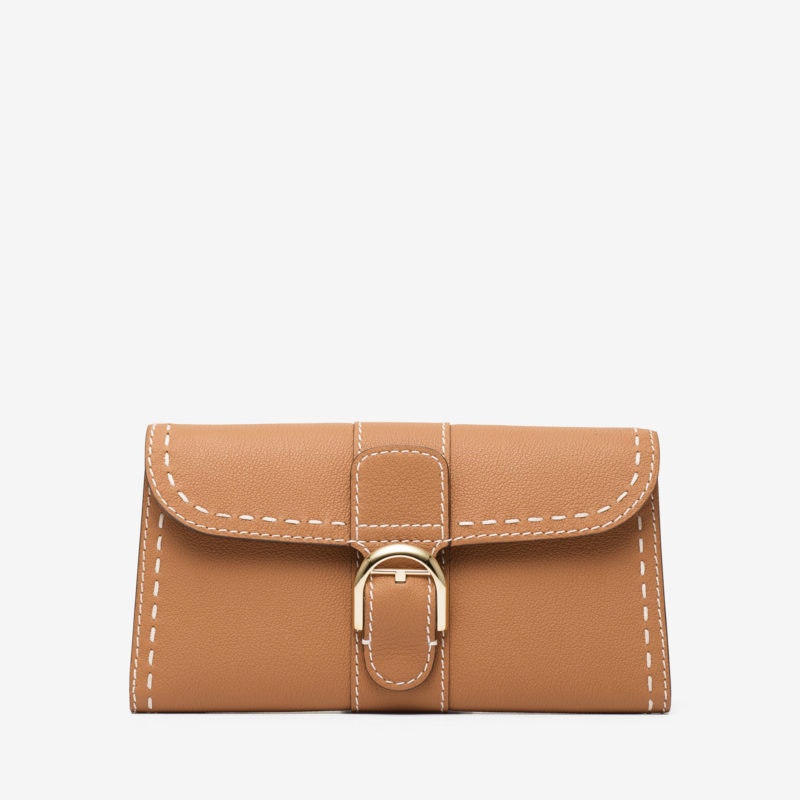 Zipped coin purse - Shiny grained calfskin, strass & gold-tone metal, light  brown — Fashion